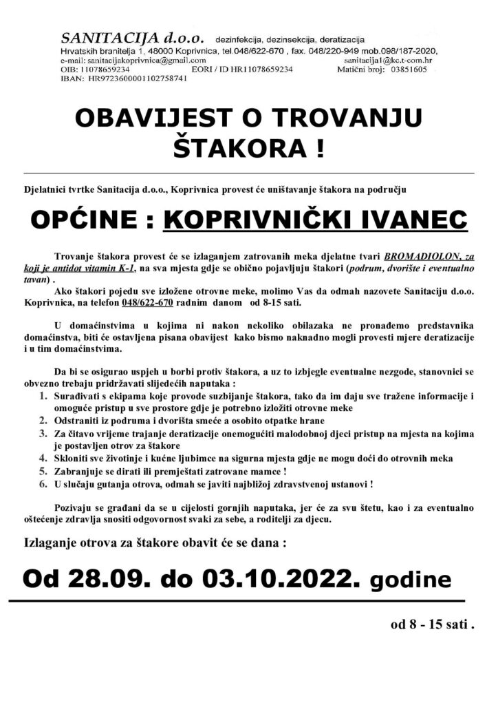 Provođenje preventivne deratizacije na području Općine Koprivnički Ivanec