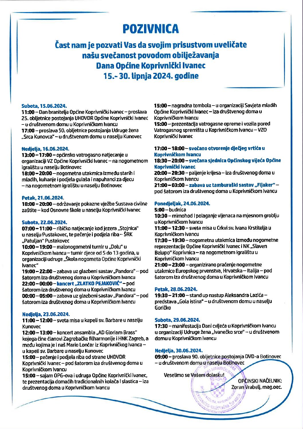 Program proslave Dana Općine Koprivnički Ivanec 2024. godine