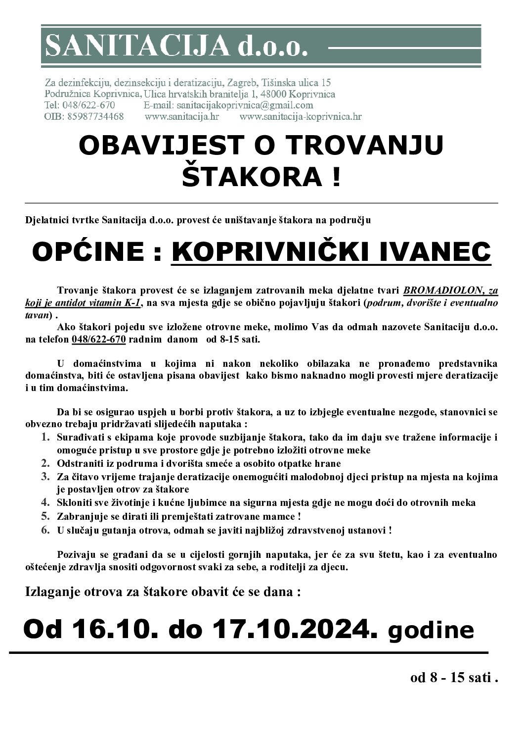 Provođenje preventivne deratizacije na području Općine Koprivnički Ivanec od 16.10. do 17.10.2024. godine