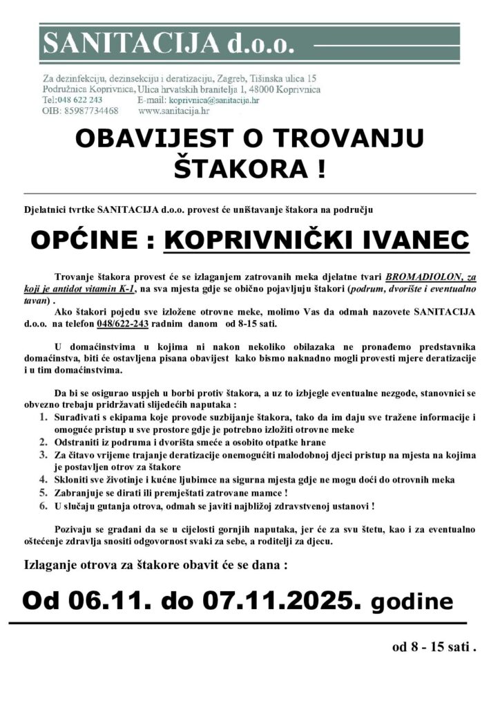 Provođenje preventivne deratizacije na području Općine Koprivnički Ivanec od 06.11. do 07.11.2025. godine