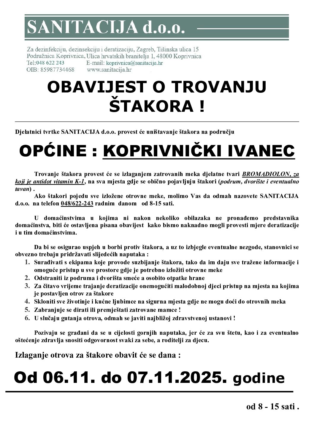 Provođenje preventivne deratizacije na području Općine Koprivnički Ivanec od 06.11. do 07.11.2025. godine