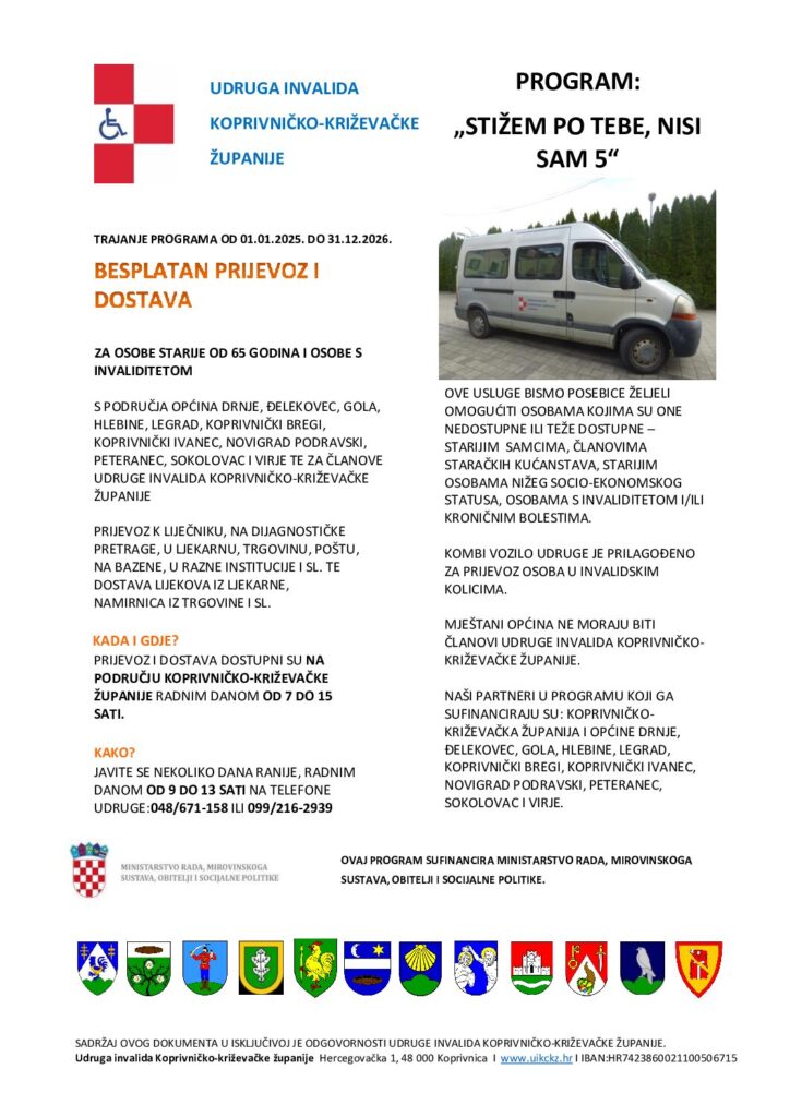 Udruga invalida Koprivničko-križevačke županije redovito provodi program “Stižem po tebe, nisi sam 5”