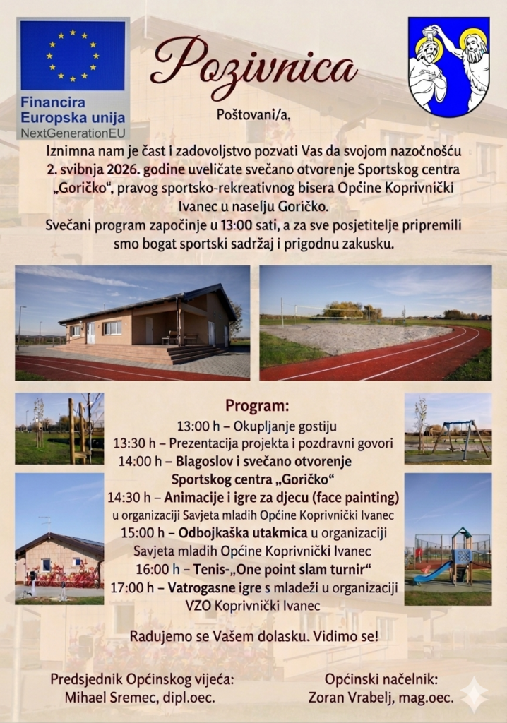 Poziv mještanima na svečano otvorenje sportskog centra Goričko – ove subote (02.05.2026. godine) s početkom u 13:00 sati