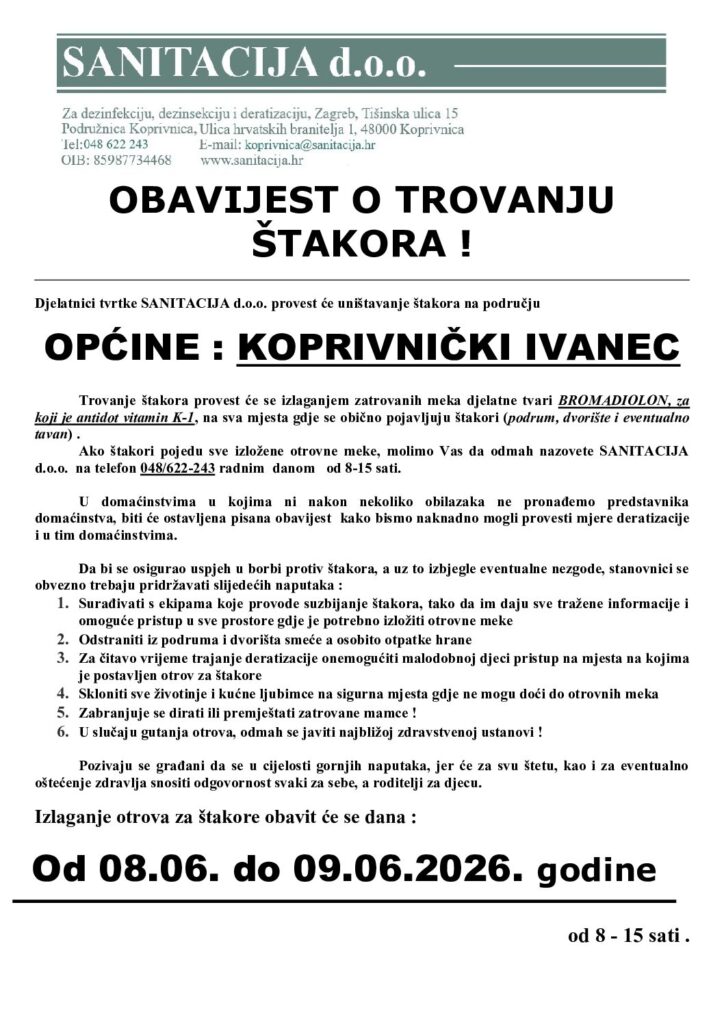 Provođenje preventivne deratizacije na području općine Koprivnički Ivanec od 08.06. do 09.06.2026. godine