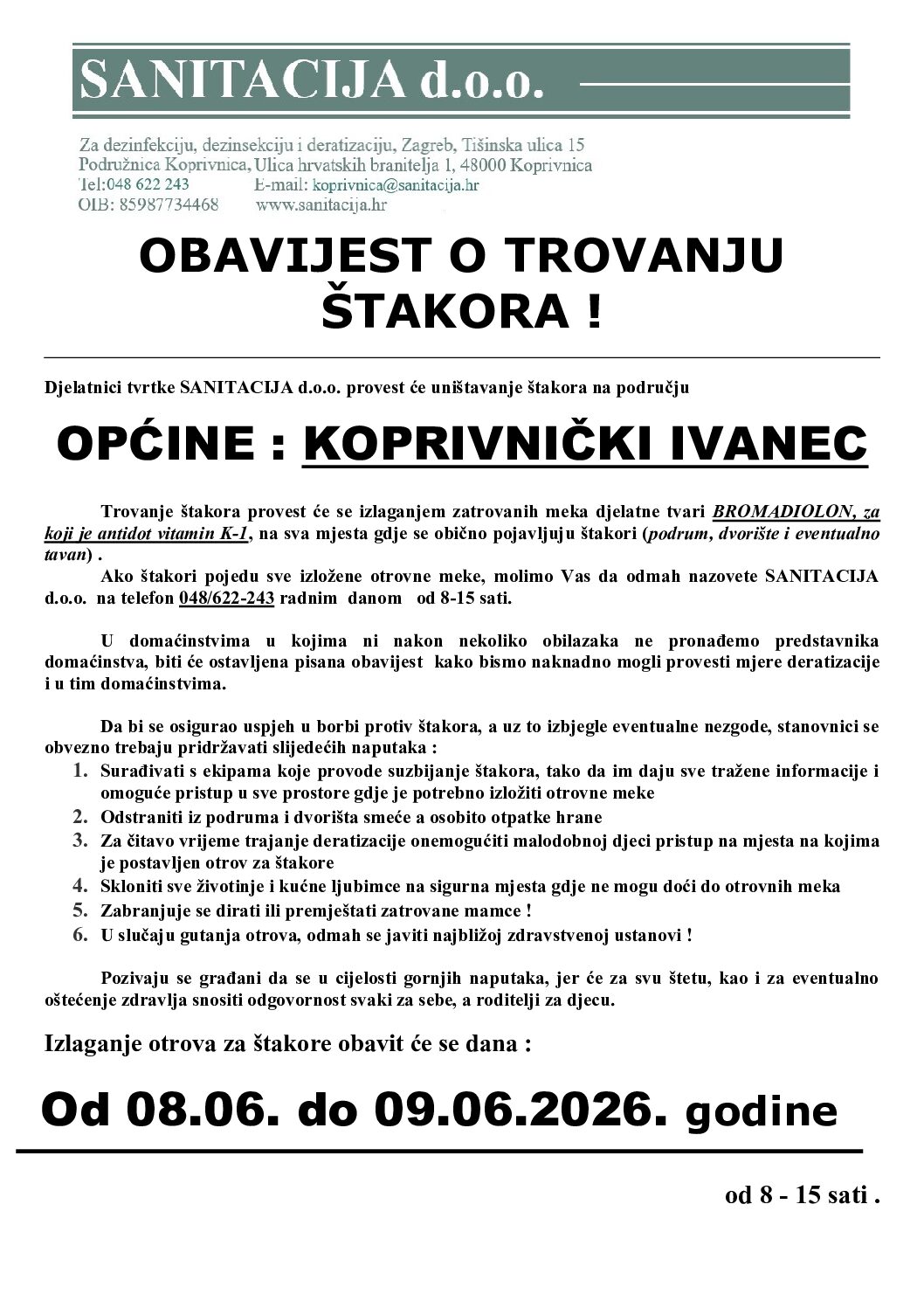 Provođenje preventivne deratizacije na području općine Koprivnički Ivanec od 08.06. do 09.06.2026. godine