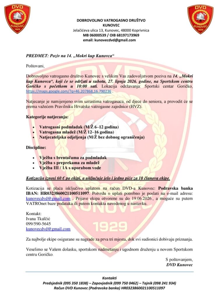 DVD Kunovec organizira “14. Mokri kup Kunovca” ove subote (27.06.2026. godine) s početkom u 10:00 sati kod sportskog centra Goričko