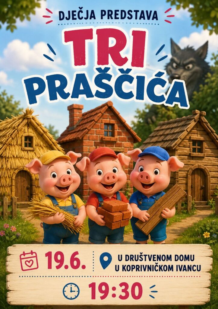 Pozivamo sve zainteresirane na dječju predstavu “Tri praščića” – 19.06.2026. godine (petak) s početkom u 19:30 sati kod društvenog doma u Koprivničkom Ivancu