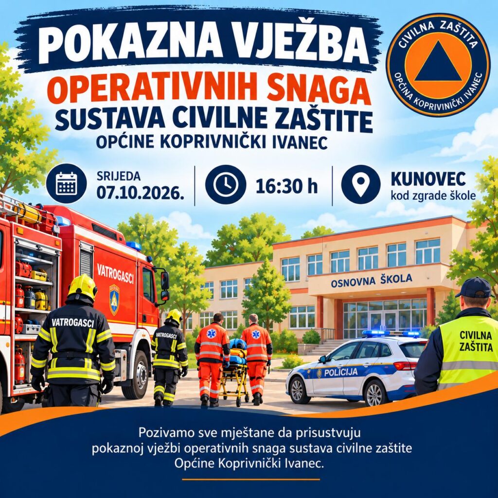 Pokazna vježba sustava civilne zaštite „Kunovec 2026.“ biti će održana u središnjem dijelu Kunovca u srijedu, 07. listopada 2026. godine s početkom u 16:30 sati