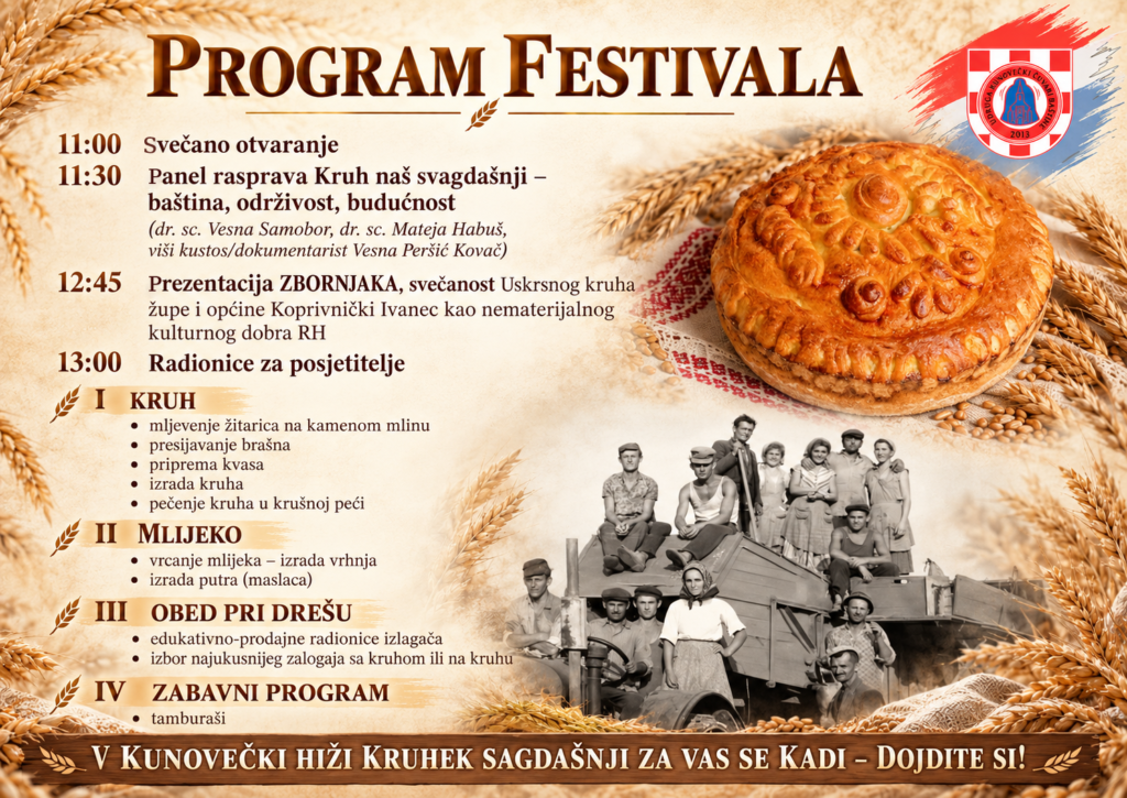 1. festival kruha u organizaciji Kunovečkih čuvara baštine – 17. listopada 2026. godine od 11:00 sati u Vatrogasnom domu Kunovec
