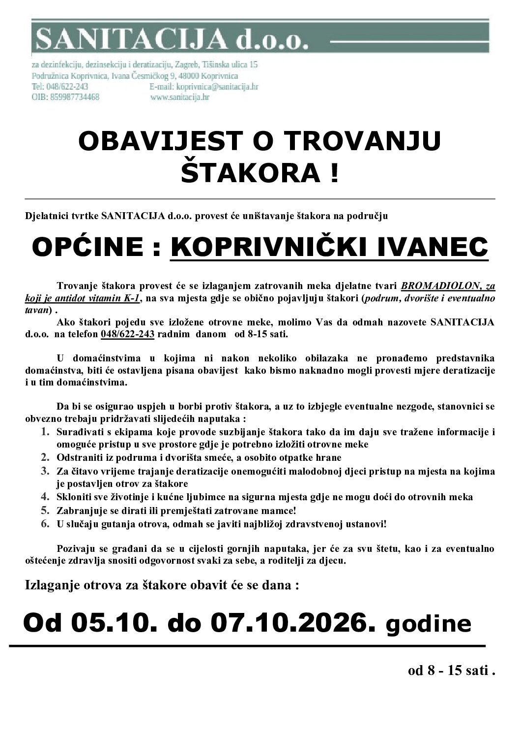 Provođenje preventivne deratizacije na području općine Koprivnički Ivanec od 05.10. do 07.10.2026. godine